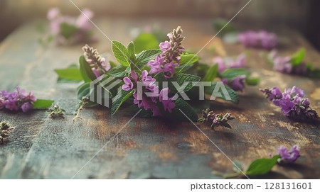 Purple flowers and green leaves on rustic wooden surface 128131601
