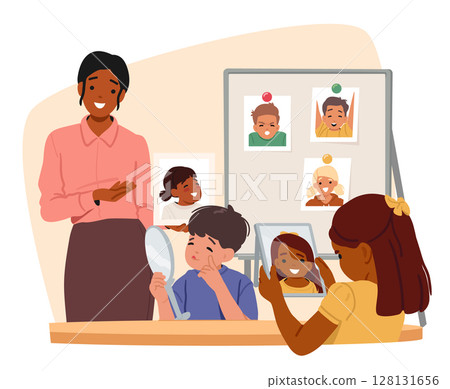 Woman teacher helping children to learn facial emotions in kindergarten or daycare center class 128131656