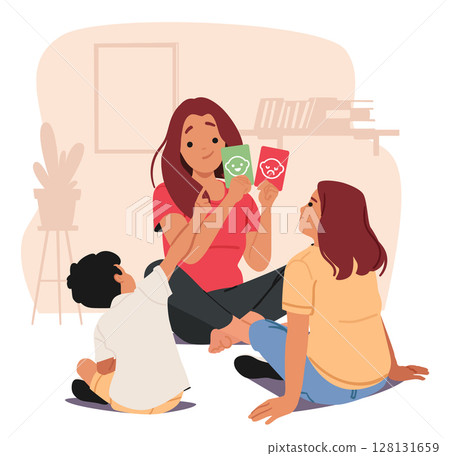 Happy mother teaching her elder daughter and younger son showing cards with different human emotions 128131659
