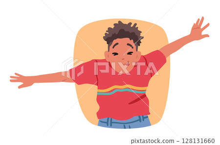 Silly boy child cartoon character fooling around grimacing face teasing showcasing mischief behavior 128131660