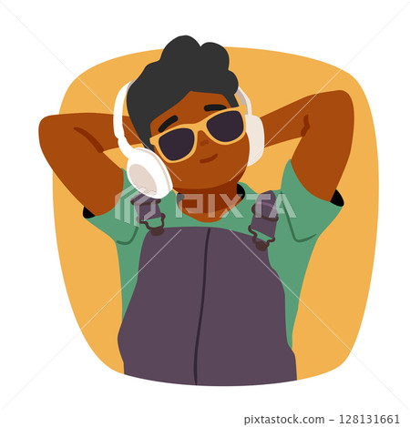 Trendy fashion boy child cartoon character wearing headphones feeling chill and restful portrait 128131661