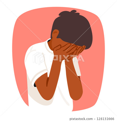 Embarrassed boy child cartoon character covering face with palms hiding emotions bubble portrait 128131666