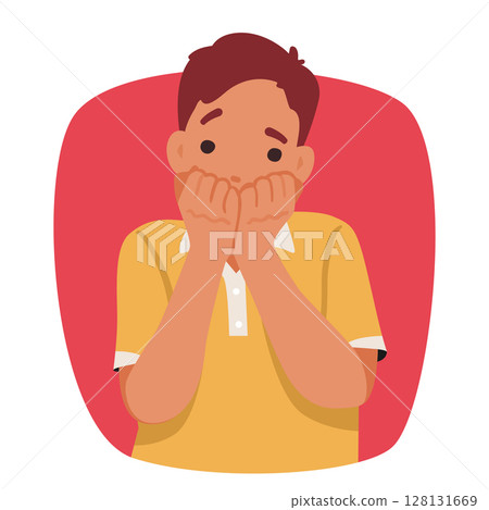 Scared boy child cartoon character covering mouth restraining himself from screaming portrait Scared boy child cartoon character covering mouth restraining himself from screaming portrait 128131669