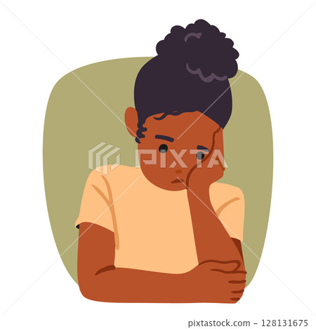 Bored girl child cartoon character leaning her head on palm with unhappy facial expression portrait Bored girl child cartoon character leaning her head on palm with unhappy facial expression portrait 128131675