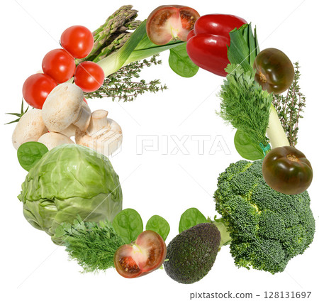 Circular composition of various fresh vegetables and greens on a white background. 128131697