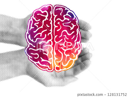 Realistic Halftone Effect Illustration of Hands Holding a Watercolor Painted Brain in 128131752
