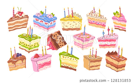 Birthday cake slices hand drawn sweet desserts variety assortment with candles and decoration 128131853
