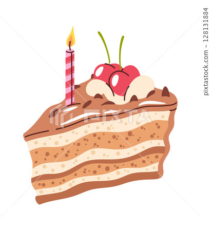 Cherry chocolate birthday cake slice 128131884