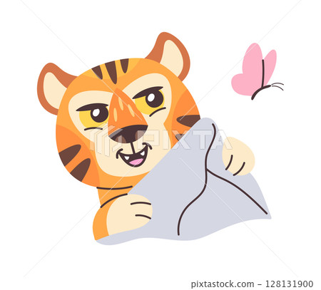 Cute tiger character catching butterfly Cute tiger character catching butterfly 128131900