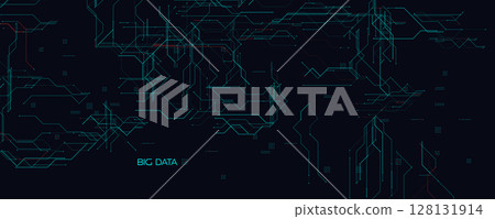 Big Data Digital Background. Abstract Circuit Grid with Glowing Tech Lines and Network Paths for Analytics, AI, and Data Visualization Projects. Futuristic BG Design. Vector Illustration. 128131914