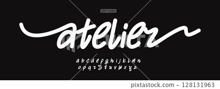 Handwritten brush font flowing like thread, stylized lettering for fashion logos, tailor signs, woman-led ateliers, handmade covers, modern script vibe with calligraphy twist, vector typeset Handwritten brush font flowing like thread, stylized lettering for fashion logos, tailor signs, woman-led ateliers, handmade covers, modern script vibe with calligraphy twist, vector typeset 128131963