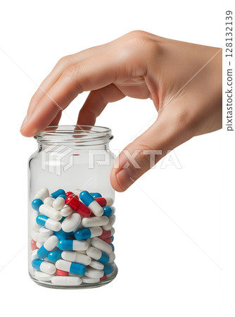 Hand holding glass jar full of assorted pills and capsules, medication or supplement concept, isolated on transparent background, pharmacy health care Hand holding glass jar full of assorted pills and capsules, medication or supplement concept, isolated on transparent background, pharmacy health care 128132139