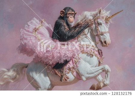 A chimpanzee dressed in a fluffy pink tutu confidently rides a beautiful white unicorn, which is adorned with intricate decorations, set against a soft pastel backdrop. 128132176