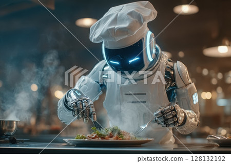 A robot chef, equipped with advanced technology, skillfully plates a gourmet dish in a bustling restaurant kitchen. Steam rises as it uses forks for perfect presentation. 128132192
