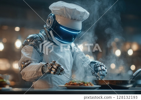 A robot chef, adorned in a white chefs uniform, skillfully prepares a gourmet dish in a bustling kitchen. 128132193
