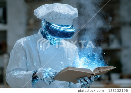 A robotic chef, adorned in a futuristic outfit, studies a glowing cookbook in a modern kitchen. Sparks and magical light emanate from the book, reflecting innovation in cooking. 128132196