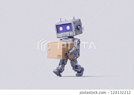 A humanoid robot with a box is walking in a simple, light-colored environment. The design features a cartoonish style with bright eyes and articulated joints, conveying a sense of friendliness. 128132212