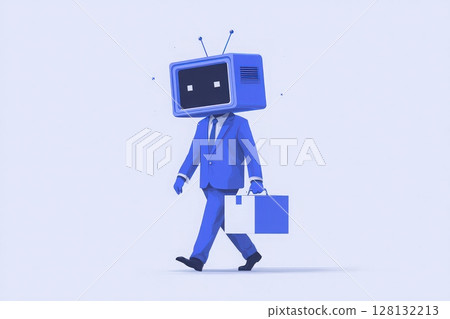 A businessman in a blue suit with a television head walks with purpose while holding a blue and white briefcase. The background features a minimalist design, creating a unique contrast. 128132213