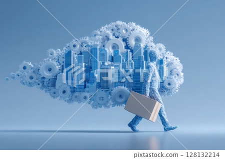 A figure walks through a futuristic city made of gears and clouds, symbolizing progress and creativity in business. The cool blue palette enhances the theme of innovation and technology. 128132214