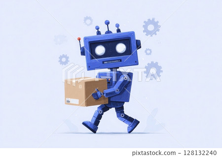 A blue robot with large, round eyes is walking while holding a brown box. Gears and mechanical elements are present in the background, creating a playful atmosphere. 128132240