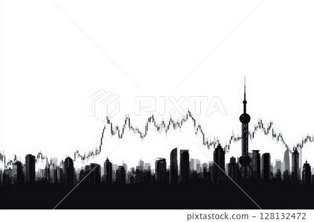 A silhouette of Shanghais skyline is displayed in front of a fluctuating financial graph, showcasing the citys economic landscape. The artwork blends urban architecture with market dynamics. 128132472