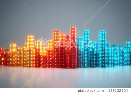 Brightly lit bars in various colors create an abstract sound wave display. The vivid hues of red, orange, and blue suggest energy and rhythm, reminiscent of a lively urban nightlife atmosphere. 128132504