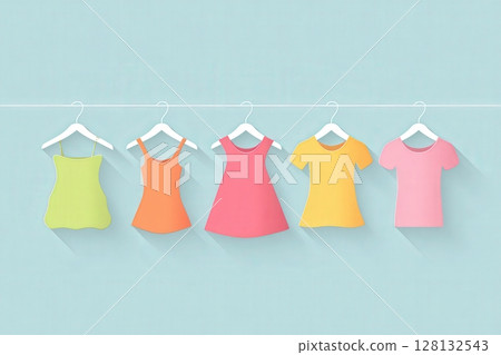 Five vibrant dresses in various styles and colors are showcased on hangers. The display features a light blue background, enhancing the bright hues of each garment. 128132543