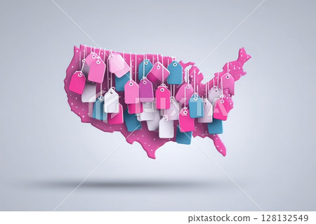 A vibrant map of the United States is adorned with colorful tags in shades of pink and white, hanging from various points across the country. 128132549