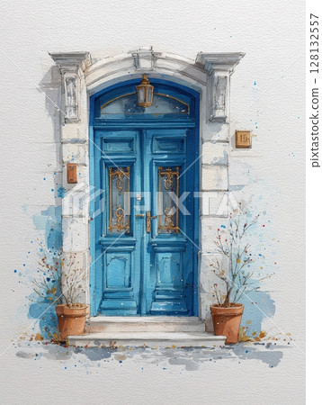 A vibrant blue door adorned with elegant golden accents stands in a picturesque location. Flanking the entrance are two potted plants, enhancing the inviting atmosphere of this charming spot. A vibrant blue door adorned with elegant golden accents stands in a picturesque location. Flanking the entrance are two potted plants, enhancing the inviting atmosphere of this charming spot. 128132557