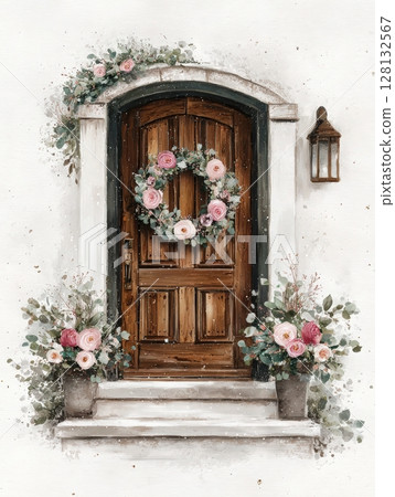 A rustic wooden door with a beautiful wreath made of pink and white flowers is set against a white wall. Lush floral arrangements in pots frame the entrance, creating an inviting atmosphere. 128132567