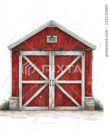 A rustic red barn features large white-framed doors, showcasing classic agricultural architecture. The barn is set against a subtle background, enhancing its vintage appeal and serene presence. A rustic red barn features large white-framed doors, showcasing classic agricultural architecture. The barn is set against a subtle background, enhancing its vintage appeal and serene presence. 128132665
