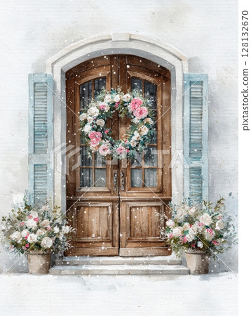 A rustic wooden door framed by shutters features a beautiful floral wreath. Snowflakes gently fall, creating a cozy winter ambiance, with pots of flowers at each side adding charm. 128132670