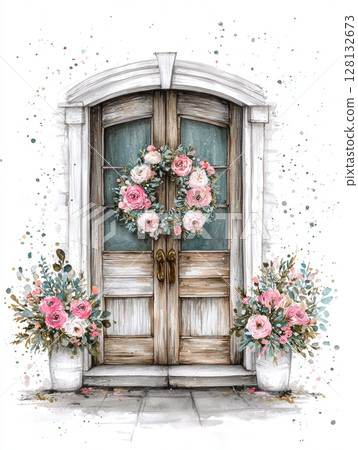 A charming wooden door adorned with a floral wreath and potted plants on both sides. Soft pink roses brighten the entrance against a light background, giving a welcoming atmosphere. A charming wooden door adorned with a floral wreath and potted plants on both sides. Soft pink roses brighten the entrance against a light background, giving a welcoming atmosphere. 128132673