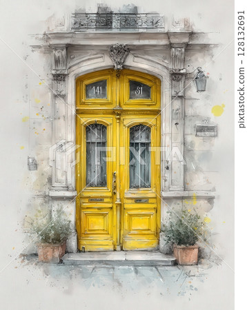 A vibrant yellow double door stands in front of a quaint building, framed by dark windows and decorative accents. 128132691