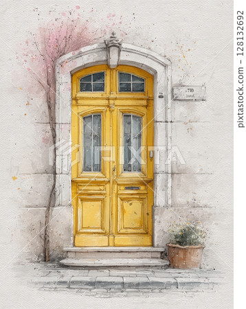 A vibrant yellow door stands prominently against a light-colored wall. This charming entrance showcases intricate wooden features and a welcoming feel. A decorative pot adds warmth to the scene. A vibrant yellow door stands prominently against a light-colored wall. This charming entrance showcases intricate wooden features and a welcoming feel. A decorative pot adds warmth to the scene. 128132692