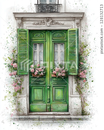 The striking green double doors, framed by vibrant shutters, are adorned with blooming flower boxes. This enchanting facade captures the essence of a quaint European town, radiating charm. 128132713