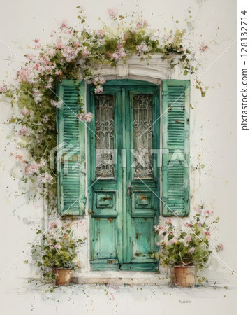 A beautiful green double door adorned with intricate wrought iron details sits against a white wall, surrounded by vibrant flowers and potted plants. This tranquil scene exudes a peaceful atmosphere. 128132714