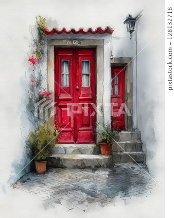 Two bright red doors with decorative trim stand out against a light stone wall. Potted plants add touches of greenery beside the doors, enhancing the charming ambiance of the alleyway. Two bright red doors with decorative trim stand out against a light stone wall. Potted plants add touches of greenery beside the doors, enhancing the charming ambiance of the alleyway. 128132718