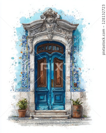 A striking set of blue wooden doors sits prominently against a patterned tile backdrop. Small potted plants add a touch of greenery, enhancing the overall charm of the scene. A striking set of blue wooden doors sits prominently against a patterned tile backdrop. Small potted plants add a touch of greenery, enhancing the overall charm of the scene. 128132723