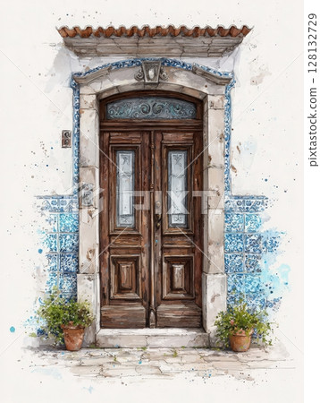 This artwork features an inviting wooden door framed by beautifully detailed blue and white tiles. Potted plants add a touch of greenery, enhancing the homes charm in a serene outdoor setting. 128132729