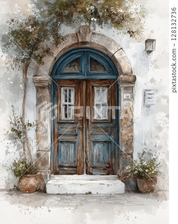 A weathered wooden door framed by an arch exudes character, surrounded by potted plants. The setting is peaceful, showcasing a blend of historical charm and natural beauty, inviting curiosity. 128132736