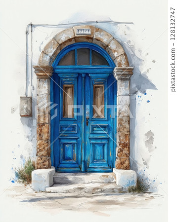 A vibrant blue door framed by a textured stone archway adds charm to a white-washed wall. Sunlight casts soft shadows, enhancing the inviting nature of the entrance. 128132747