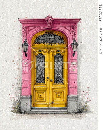 A bright yellow double door features elaborate black ironwork set against a vivid pink wall. Two lanterns hang beside the entrance, adding charm and character to the building. 128132758