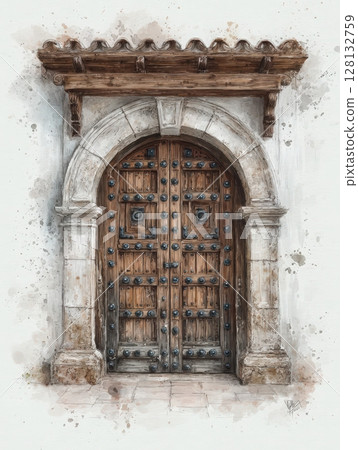 A beautifully crafted wooden door, adorned with metal knobs, stands firmly within a stone archway. 128132759
