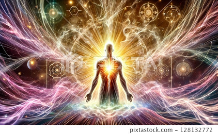 An awakened person with enormous energy welling up from within himself - Spiritual illustration An awakened person with enormous energy welling up from within himself - Spiritual illustration 128132772