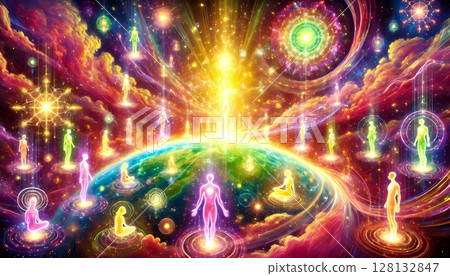 A spiritual illustration of a shining and peaceful Earth and universe after ascension 128132847