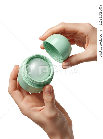 Hands holding open pastel green deodorant container, natural hygiene product, eco-friendly concept, isolated on transparent background, personal care Hands holding open pastel green deodorant container, natural hygiene product, eco-friendly concept, isolated on transparent background, personal care 128132905