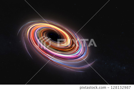 A vibrant black hole swirls at the center of the image, surrounded by a glowing, multicolored accretion disk. A vibrant black hole swirls at the center of the image, surrounded by a glowing, multicolored accretion disk. 128132987