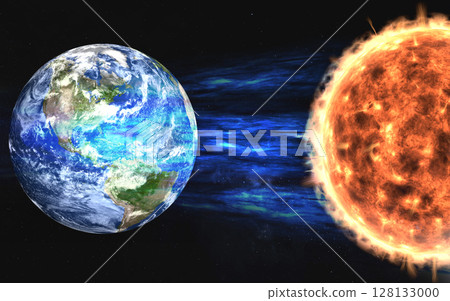 A space illustration showing Earth and the Sun connected by a vibrant blue energy stream. The Sun radiates intense heat on the right, while Earth appears detailed and serene on the left, highlighting 128133000