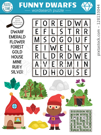 Vector dwarf wordsearch puzzle for kids. Simple wordsearch quiz with cute gnome, forest, mine, house, gold, gems for children. Woodland educational cross word activity with magic creatures 128133044